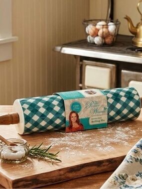 The Pioneer Woman Teal and White (Charming Check) Ceramic Rolling Pin Retired